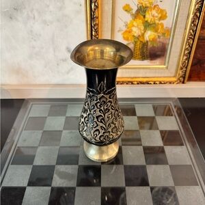 Elegant Black and brass hand etched Vase, 7in